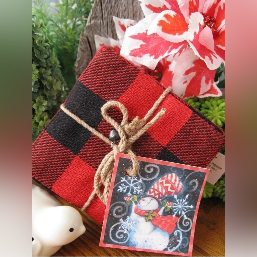 New Christmas Red & Black Buffalo Check Plaid Fabric Coasters Set of 6 - Picture 3 of 5